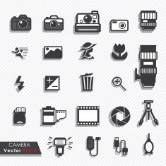 Photography camera lens and accessories set vector icons
