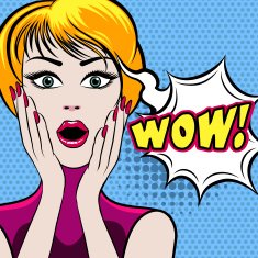 Surprised woman face with WOW bubble