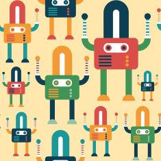 Colorful seamless pattern with friendly robots