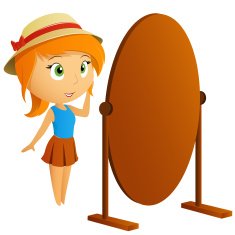 Beautiful girl looking at her reflection in mirror