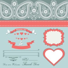 Wedding design template with Paisley border cartoon hearts N2