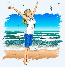 beautiful girl with arms outstretched on a tropical beach