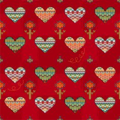 Seamless pattern of hearts and flowers knitting on burgundy