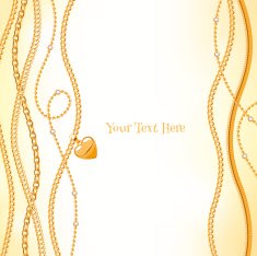 Assorted golden chains on light yellow background with heart pendant