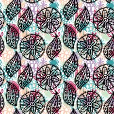 Lace seamless pattern black flowers leaves Pink blue purple background