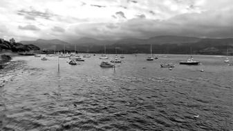 sea with boats, black and white panorama