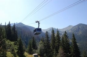 cable car in the mountains above green trees