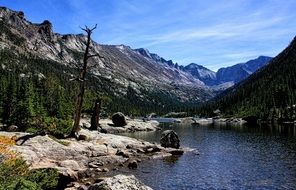 lake with rocky shores near the mountain