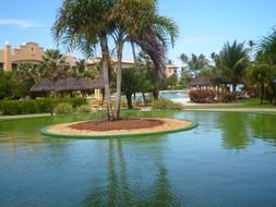 landscape of beach in pool at tropical garden