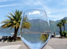 lake is reflected in a glass of water