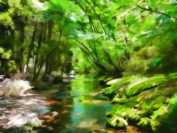 digital illustration of green river in forest