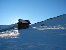 hut in the snowy mountains