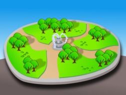 painted park with a fountain in the center