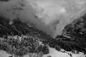 black and white photo of alpine mountains