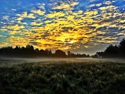 yellow clouds over a field at sunrise