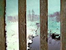 wooden planks on the bridge in winter close-up