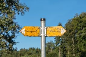 hiking signposts on shield summer scene