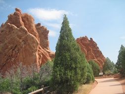 garden on a background of brown rock formations in Garden of the Gods, Colorado Springs