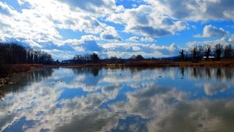 landscape of idyll on the lake in february