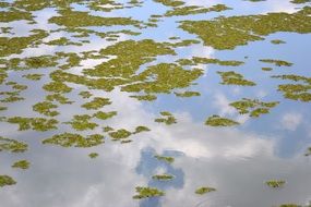 reflection of clouds and blue sky in a lake