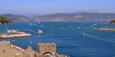 boats on sea at scenic coast, italy, liguria, porto venere