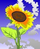 painted blooming sunflower on the background of the spring sky