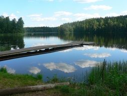 photo of a wooden pier on a blue lake