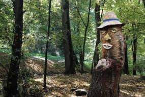 sculpture of a man of wood in the forest