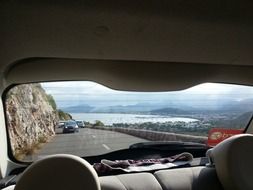 view of coast from rear window of car, spain, mallorca