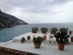 flower pots on the ocean coast of Italy