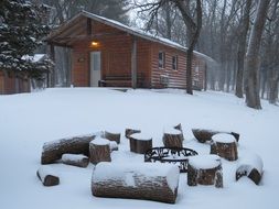 winter landscape of a country house and a place for a fire