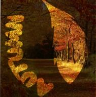 Clipart of autumn sign and leaf at the background of the autumn forest