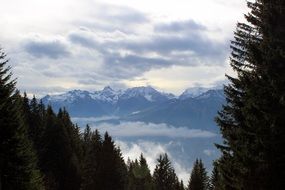 landscape of snowy mountains in Austria on a cloudy day