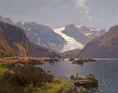 man in boat on mountain river, hermann herzog painting