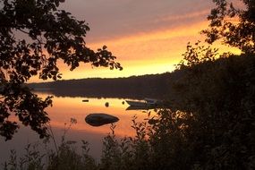 Beautiful and colorful sunset above beautiful landscape with lake among the plants in Sweden