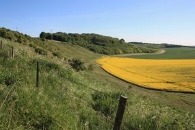 landscape of fields in the hills of great britain