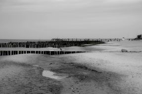 Black and white photo of a sand beach near the Baltic Sea