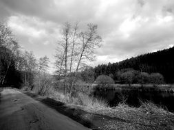 black and white photo of the river bank