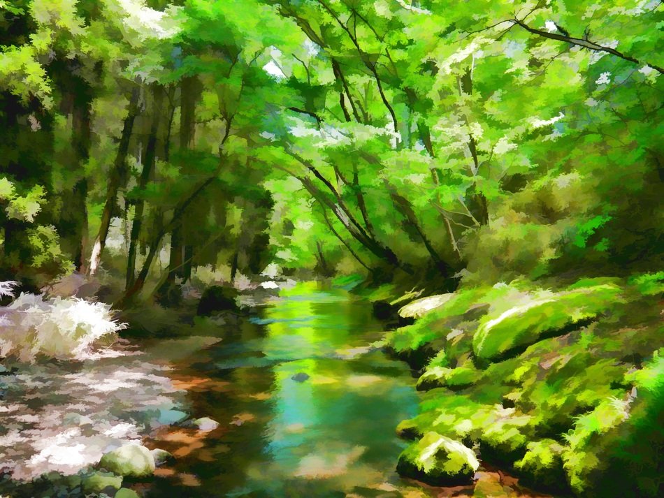 digital illustration of green river in forest