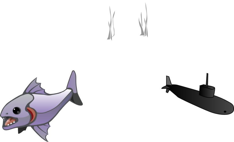 drawing of prehistoric fish and submarine
