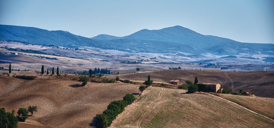 panorama of trees, hills and mountains in Italy