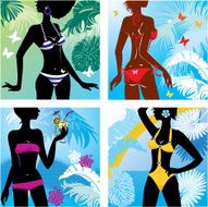Woman silhouettes in bikini swimwear at tropical beach