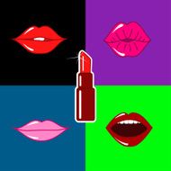 Set of isolated female lips and lipstick