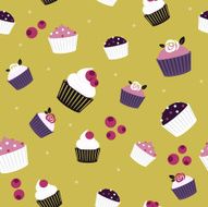 Seamless cupcakes and berries background - yellow back with cowberries