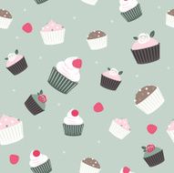 Seamless cupcakes and berries background - green-gray back with raspberries