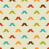 Seamless pattern of colored mustache on striped background