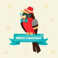 Christmas background and greeting card with hipster bullfinch