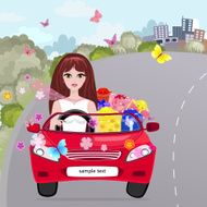 Girl in a red convertible with gifts