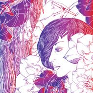 girl flowers waves and hand with pencil - purple background