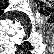girl flowers waves and hand with pencil - background